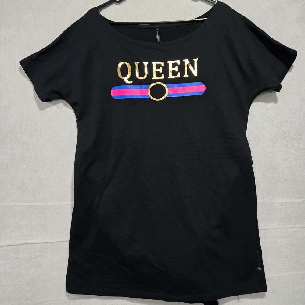 L#4 GOODTIME USA Black QUEEN Graphic T Shirt Dress Stripes Tie Waist L‎